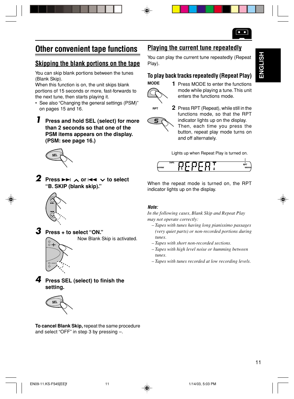 Other convenient tape functions, Skipping the blank portions on the tape, Playing the current tune repeatedly | JVC KS-F545 User Manual | Page 11 / 25
