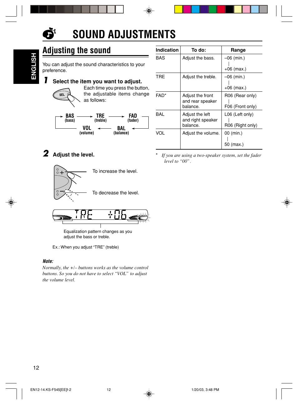 Sound adjustments, Adjusting the sound, English | JVC KS-F545 User Manual | Page 12 / 25