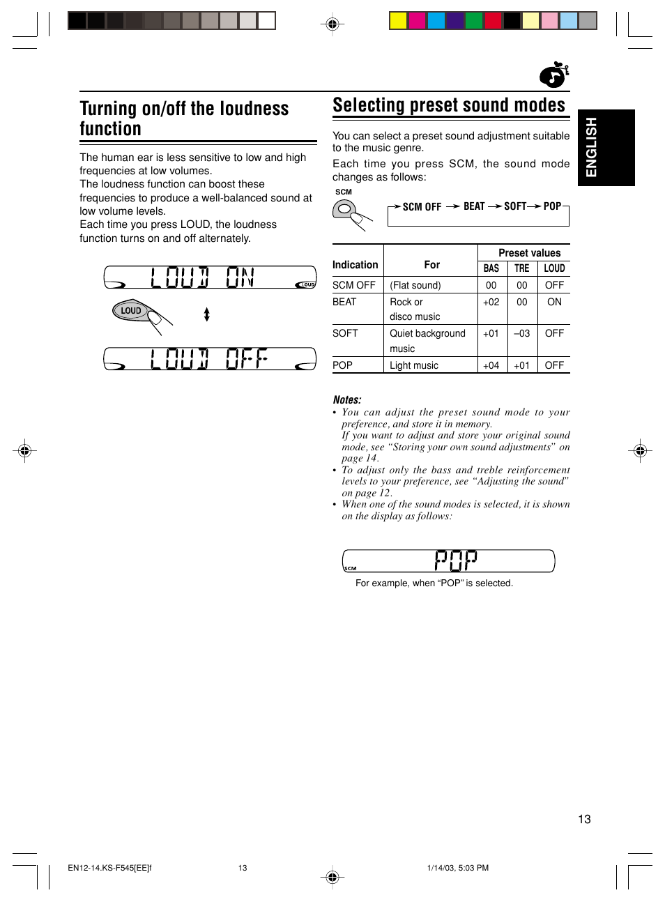 Turning on/off the loudness function, Selecting preset sound modes, English | JVC KS-F545 User Manual | Page 13 / 25