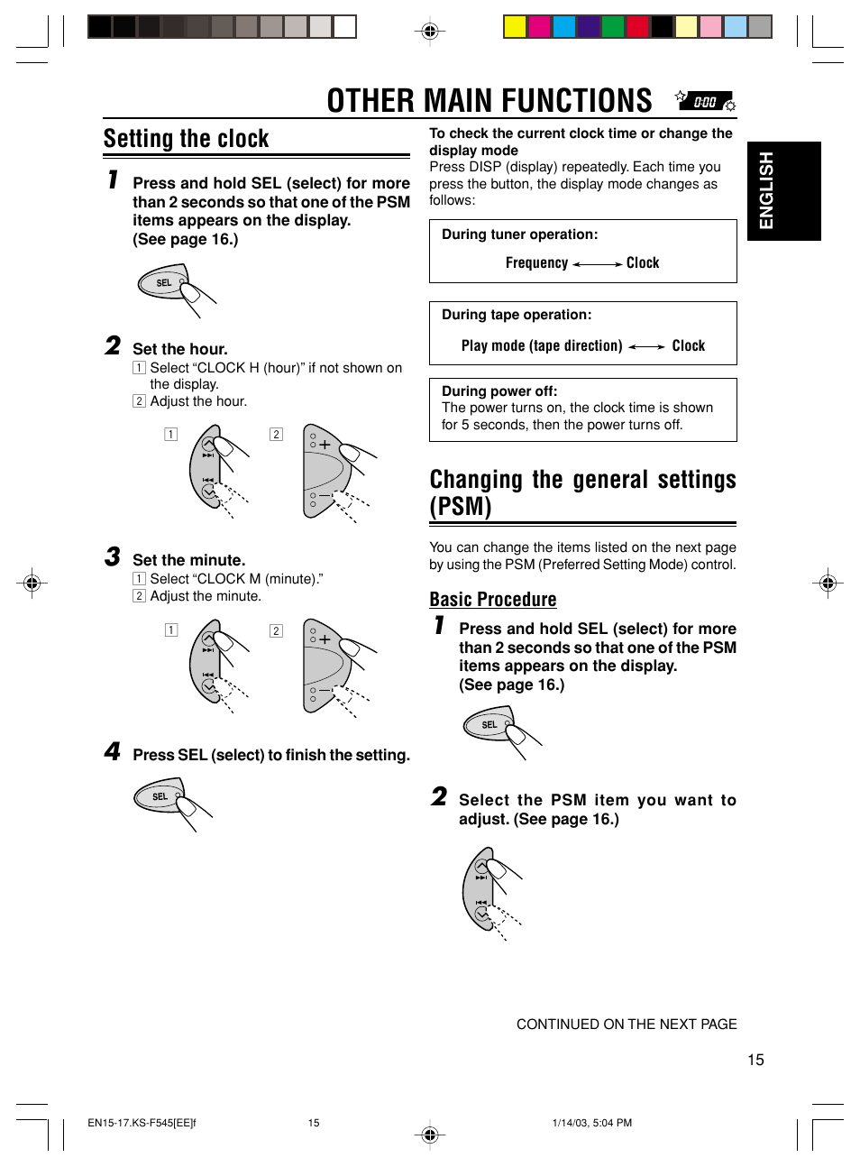Other main functions, Setting the clock 1, Changing the general settings (psm) | JVC KS-F545 User Manual | Page 15 / 25