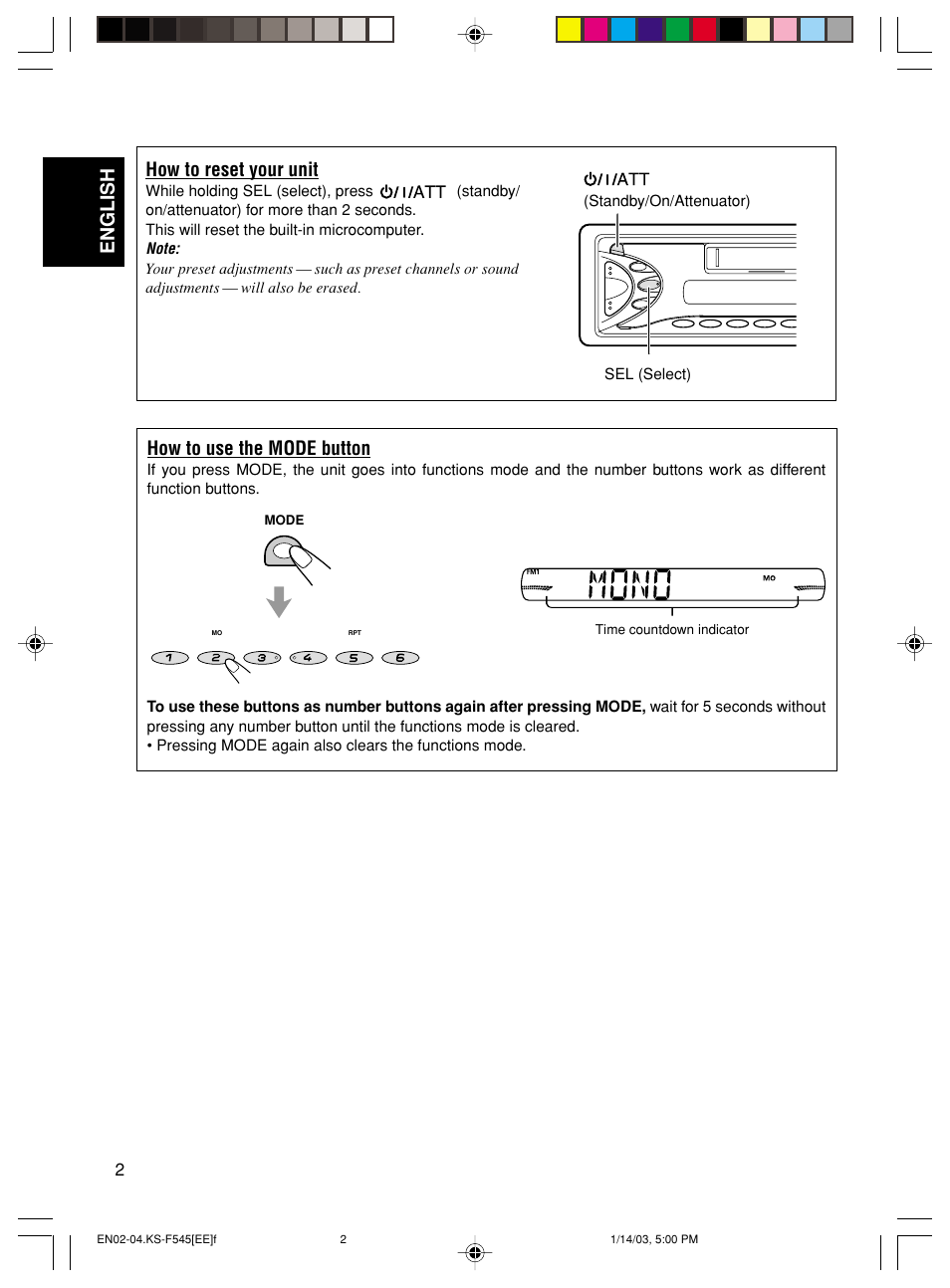 How to reset your unit, How to use the mode button, English | JVC KS-F545 User Manual | Page 2 / 25
