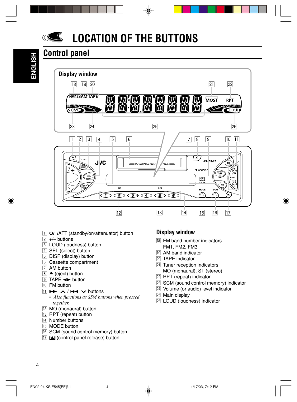 Location of the buttons, Control panel | JVC KS-F545 User Manual | Page 4 / 25