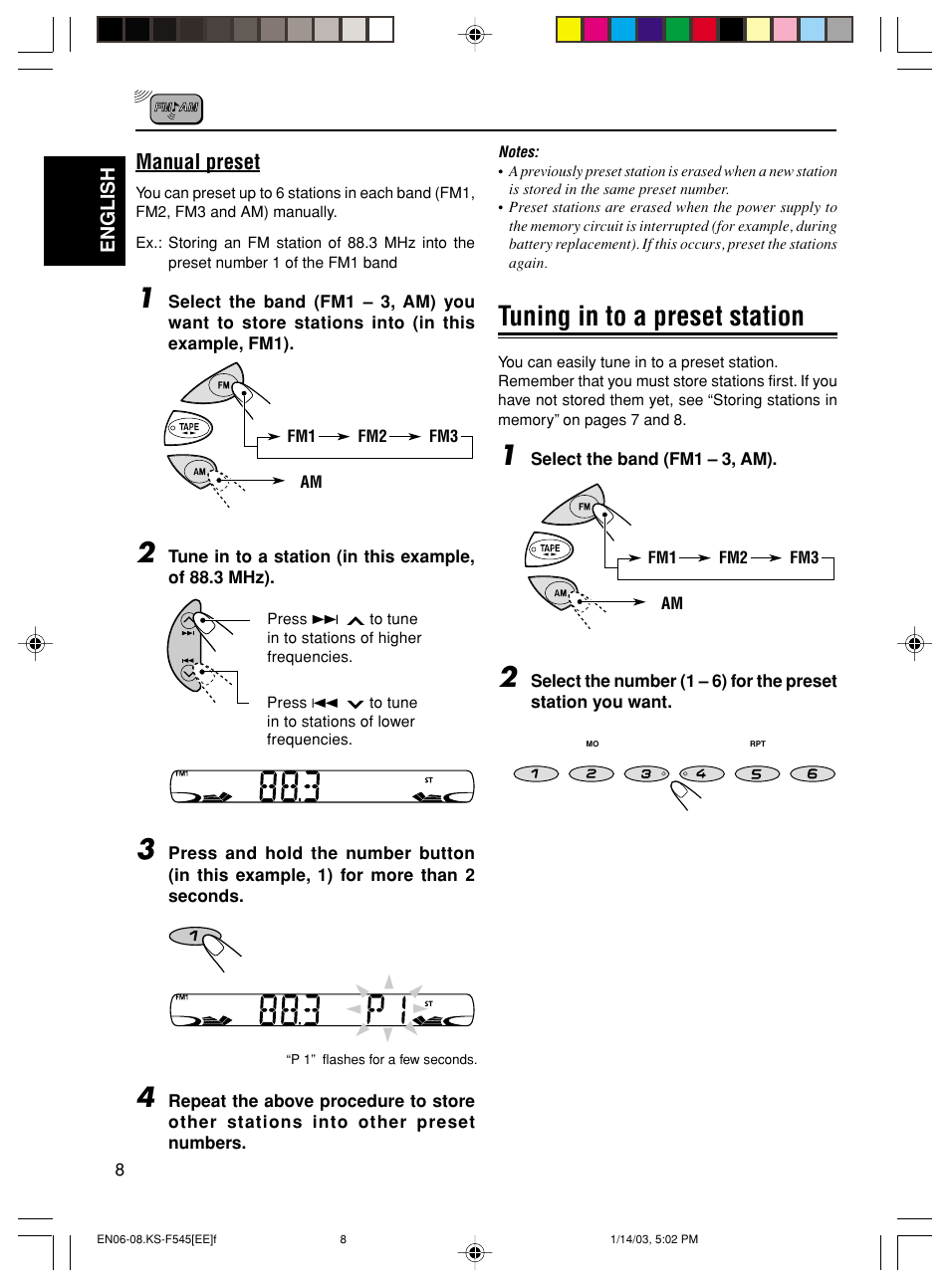 Tuning in to a preset station, Manual preset | JVC KS-F545 User Manual | Page 8 / 25