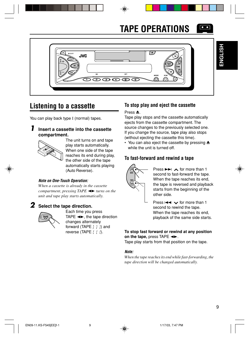 Tape operations, Listening to a cassette, English | JVC KS-F545 User Manual | Page 9 / 25