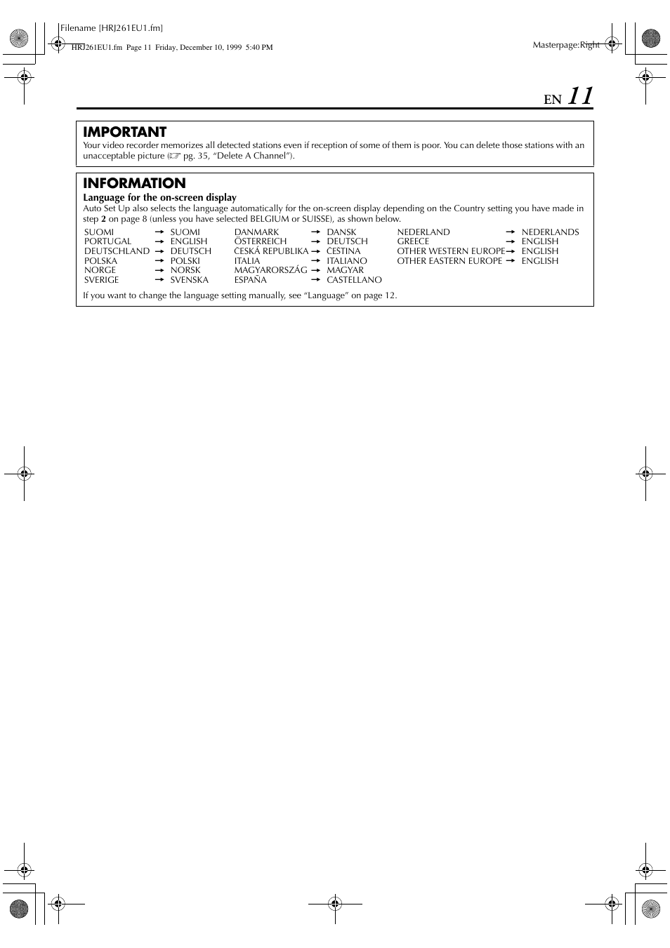 Important, Information | JVC HR-J261EU User Manual | Page 11 / 44