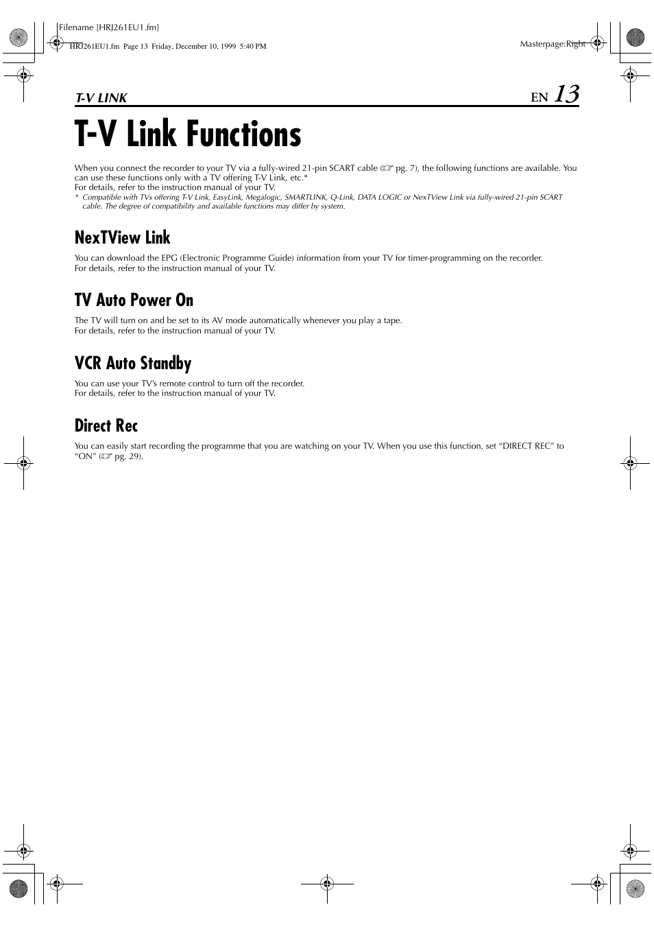 T-v link functions, Nextview link, Tv auto power on | Vcr auto standby, Direct rec | JVC HR-J261EU User Manual | Page 13 / 44