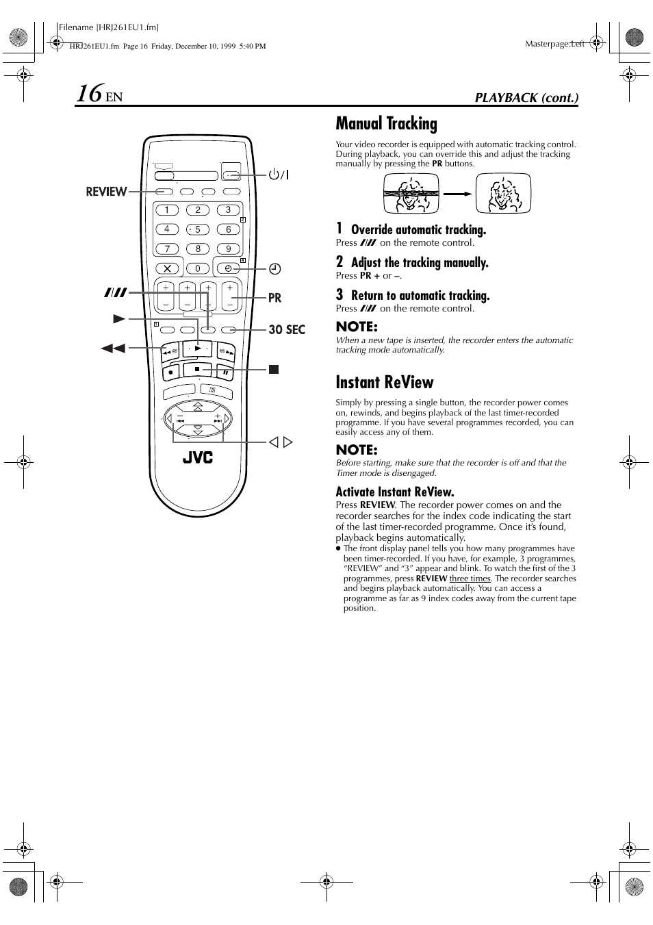 Manual tracking, Instant review | JVC HR-J261EU User Manual | Page 16 / 44