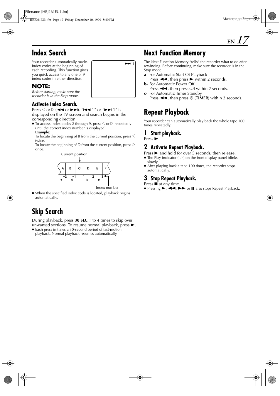 Index search, Skip search, Repeat playback | Activate index search, Start playback, Activate repeat playback, Stop repeat playback | JVC HR-J261EU User Manual | Page 17 / 44