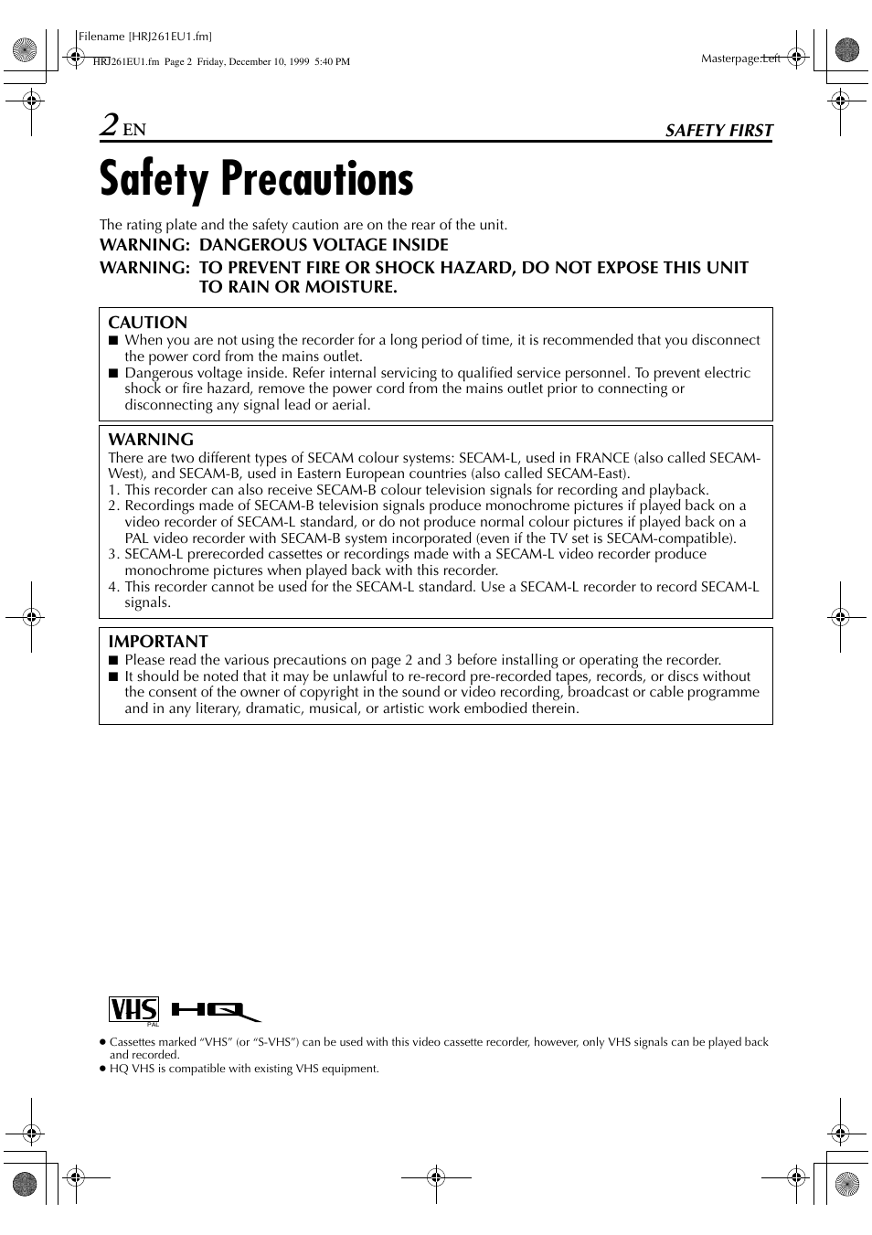 Safety precautions | JVC HR-J261EU User Manual | Page 2 / 44