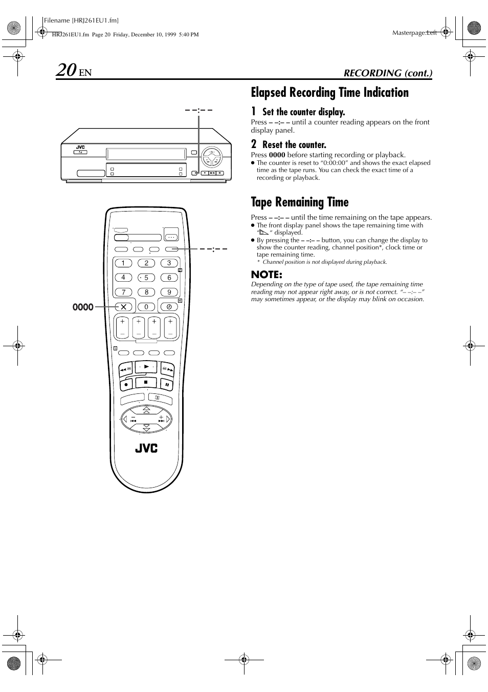 Elapsed recording time indication, Tape remaining time | JVC HR-J261EU User Manual | Page 20 / 44