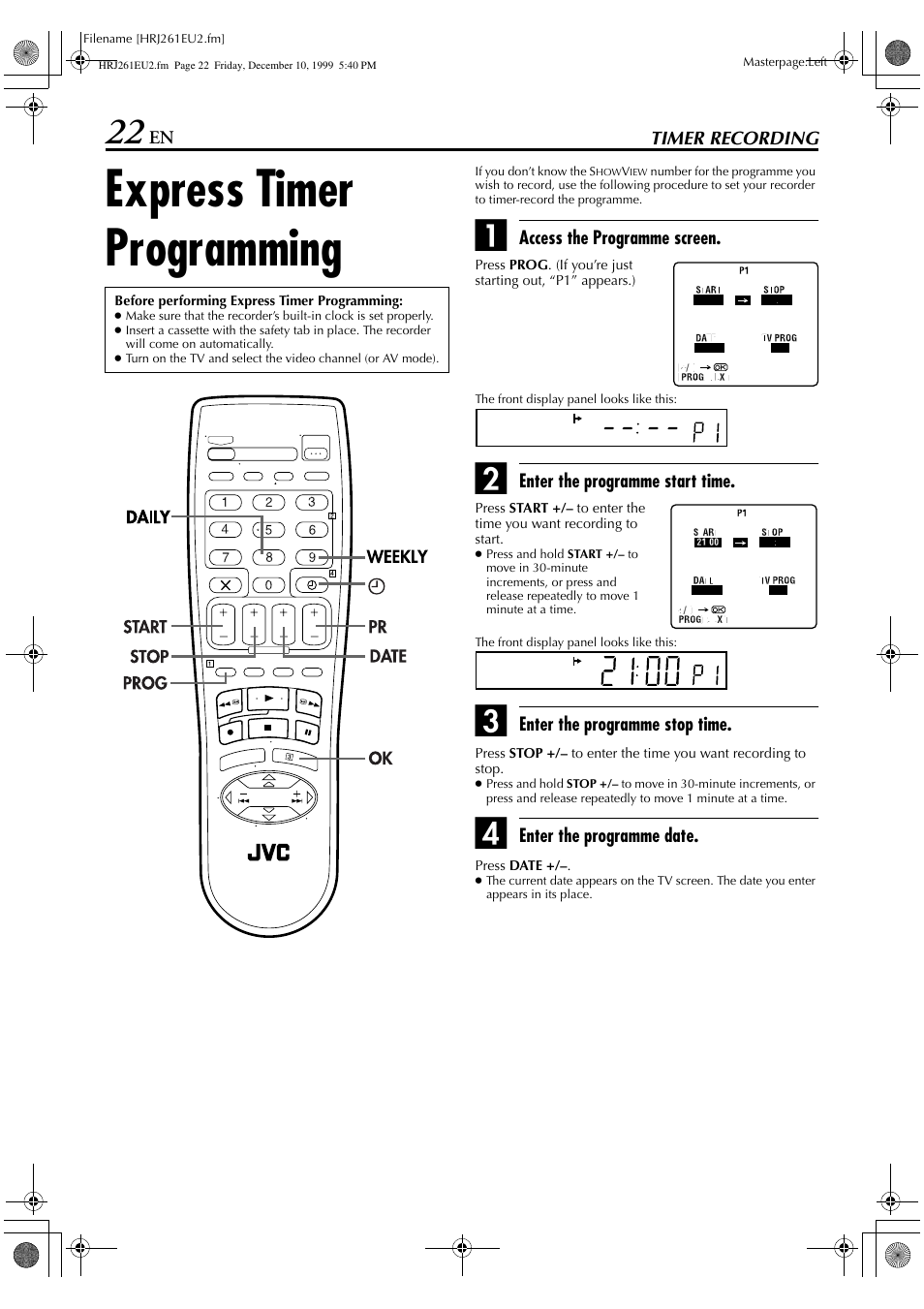 Express timer programming | JVC HR-J261EU User Manual | Page 22 / 44