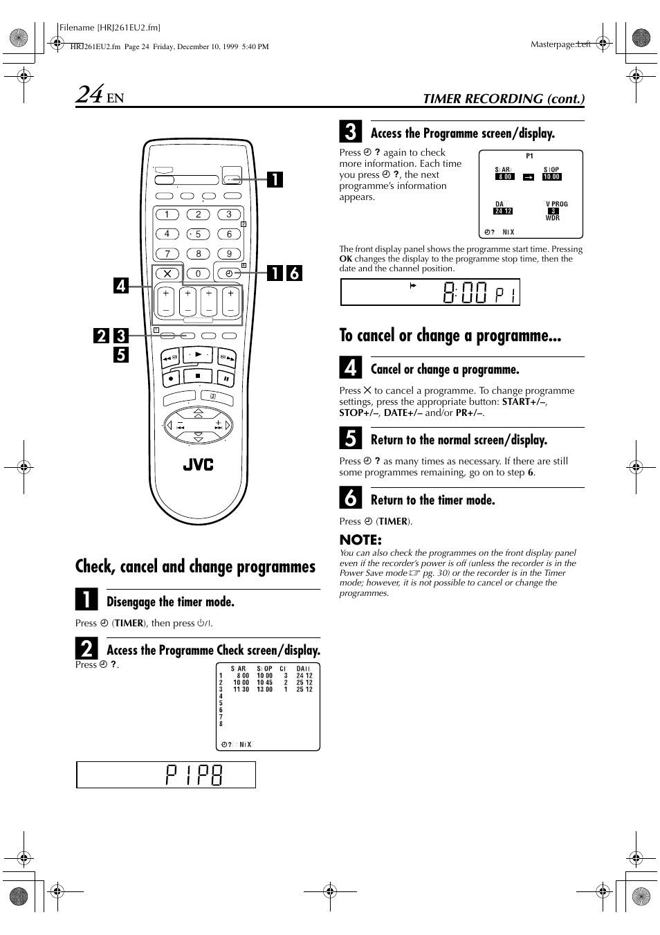 Check, cancel and change programmes | JVC HR-J261EU User Manual | Page 24 / 44