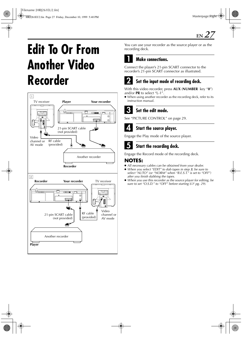 Edit to or from another video recorder | JVC HR-J261EU User Manual | Page 27 / 44