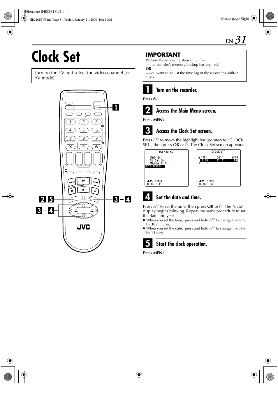Clock set | JVC HR-J261EU User Manual | Page 31 / 44