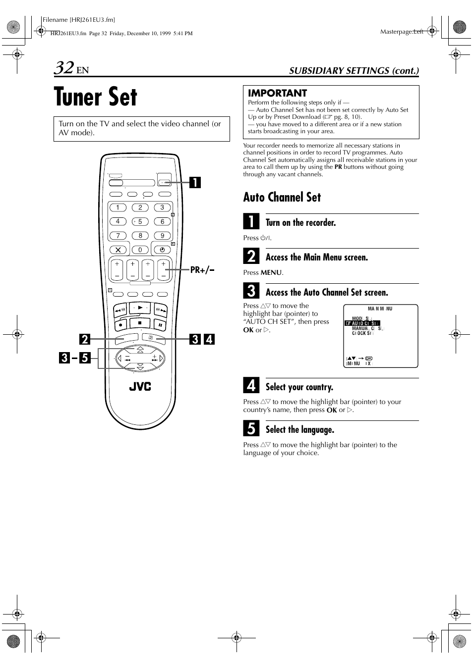 Tuner set, Auto channel set | JVC HR-J261EU User Manual | Page 32 / 44