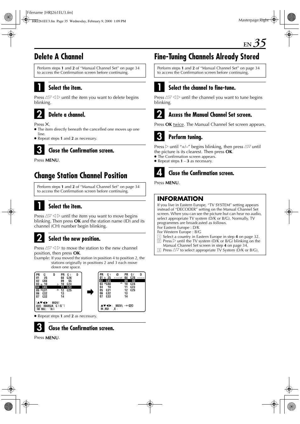 Delete a channel, Change station channel position, Fine-tuning channels already stored | JVC HR-J261EU User Manual | Page 35 / 44