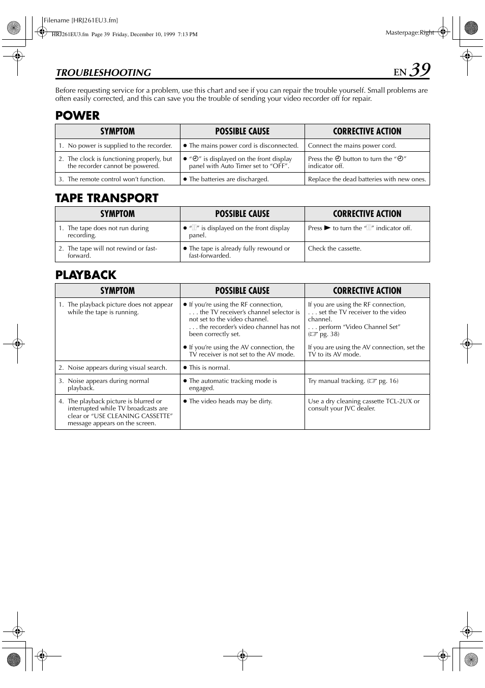 Power tape transport playback, Troubleshooting | JVC HR-J261EU User Manual | Page 39 / 44