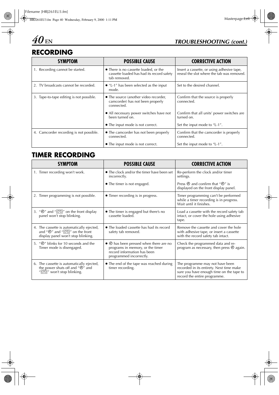 Recording timer recording, En troubleshooting (cont.), Symptom possible cause corrective action | JVC HR-J261EU User Manual | Page 40 / 44