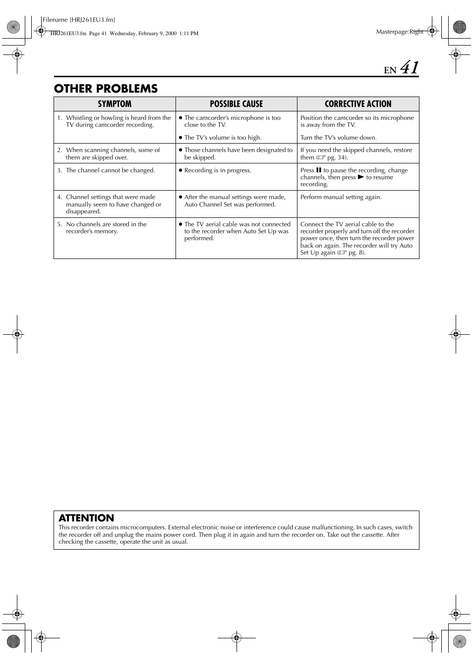 Other problems, Attention | JVC HR-J261EU User Manual | Page 41 / 44