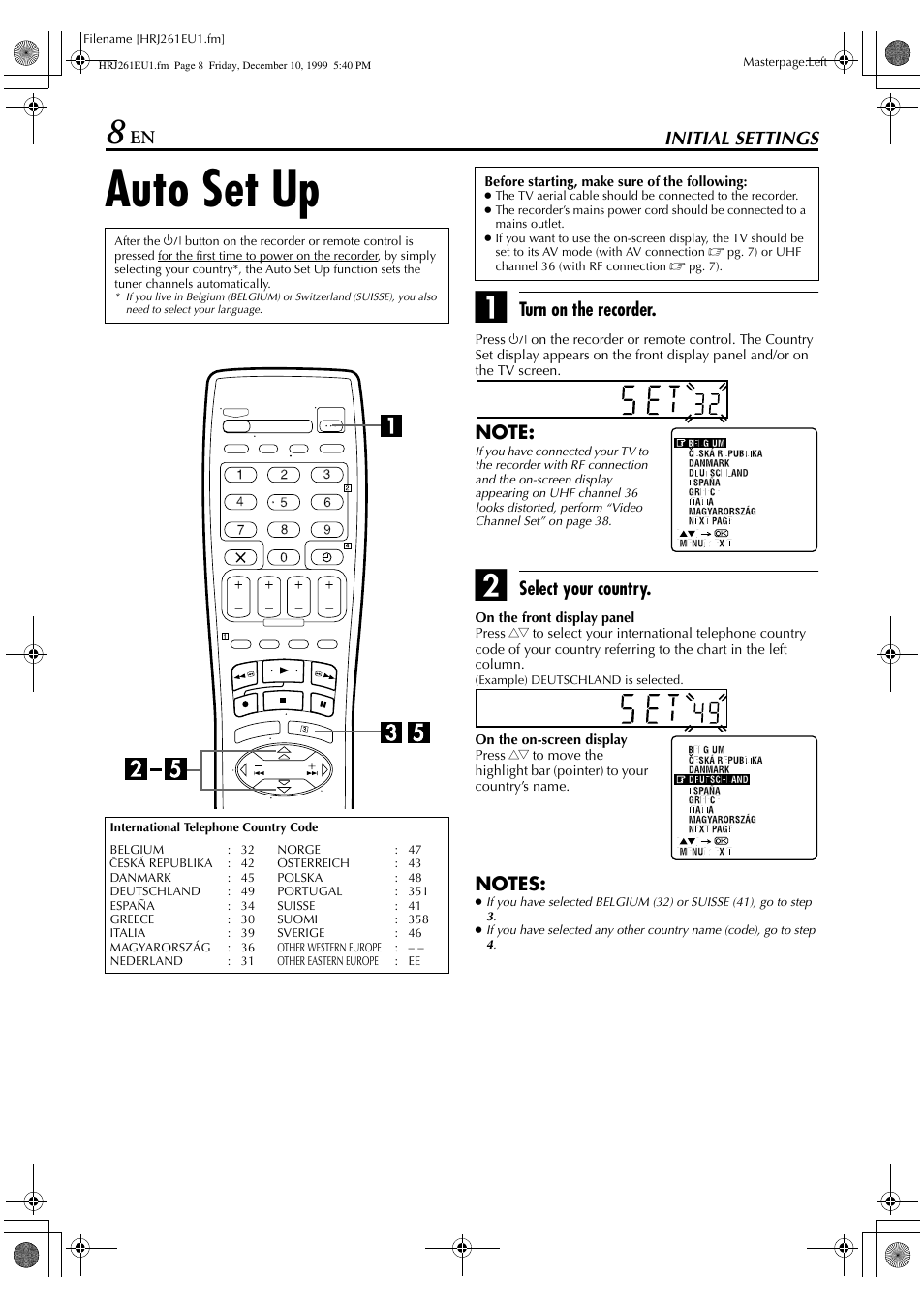 Auto set up, En initial settings, Turn on the recorder | Select your country | JVC HR-J261EU User Manual | Page 8 / 44