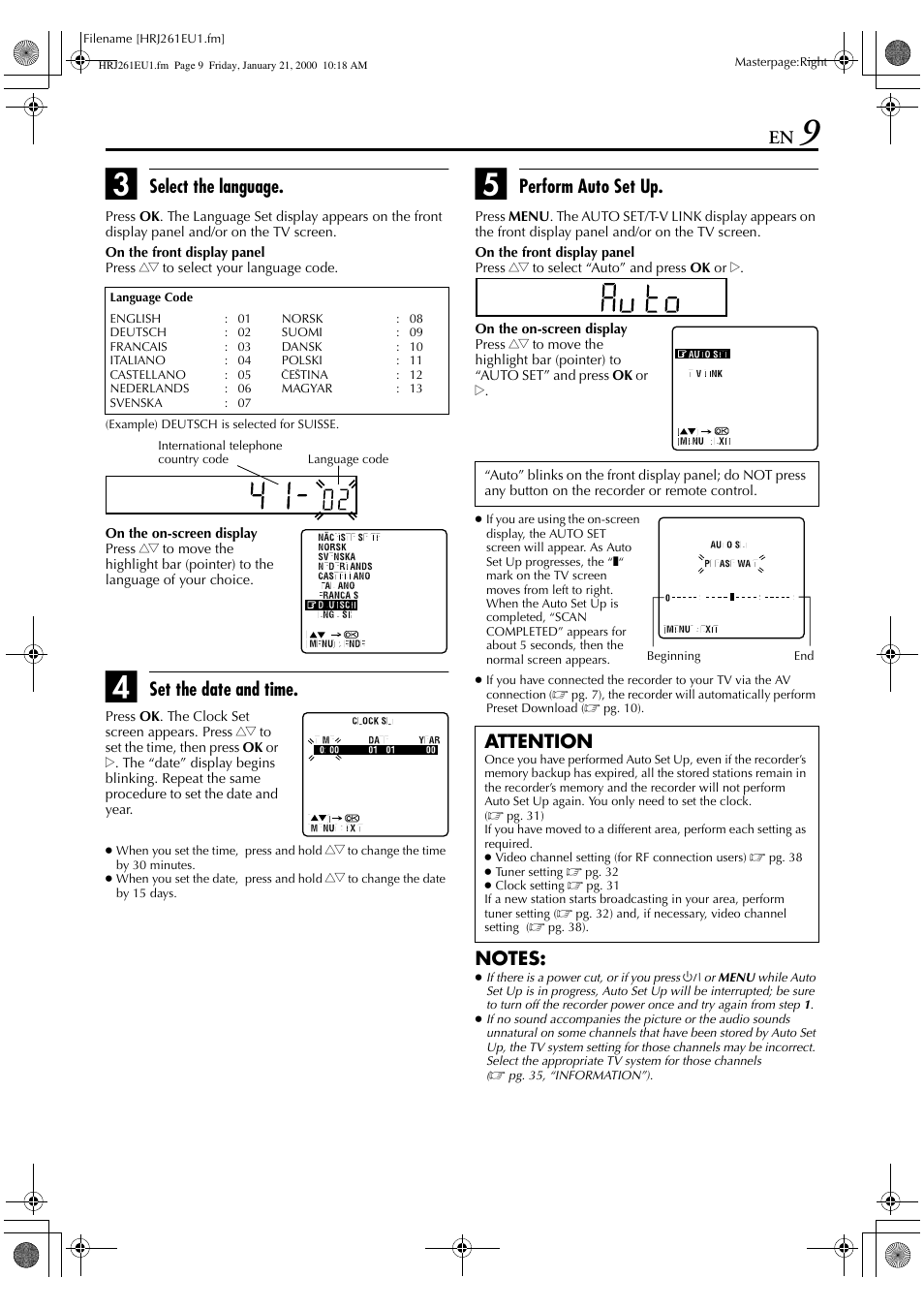 Select the language, Set the date and time, Perform auto set up | Attention | JVC HR-J261EU User Manual | Page 9 / 44