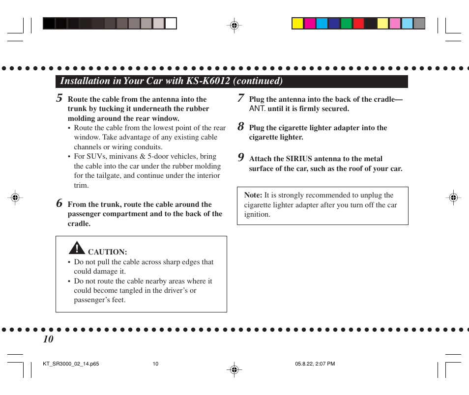 Installation in your car with ks-k6012 (continued) | JVC KT-SR3000 User Manual | Page 10 / 48