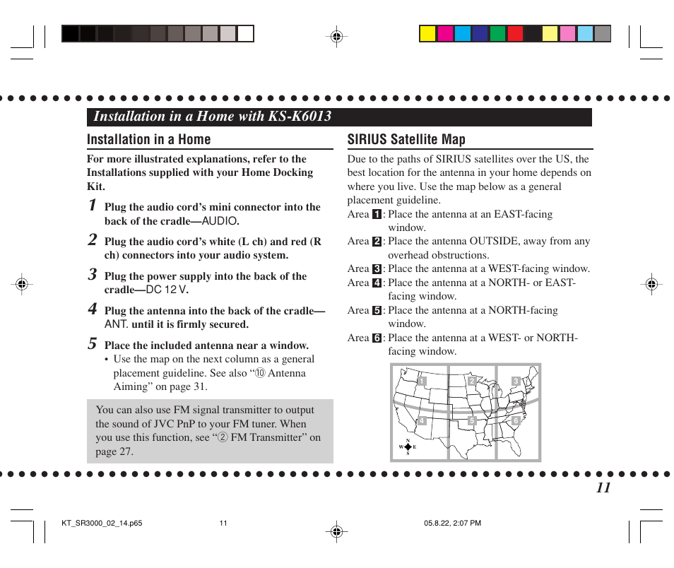 Installation in a home with ks-k6013, Installation in a home, Sirius satellite map | JVC KT-SR3000 User Manual | Page 11 / 48