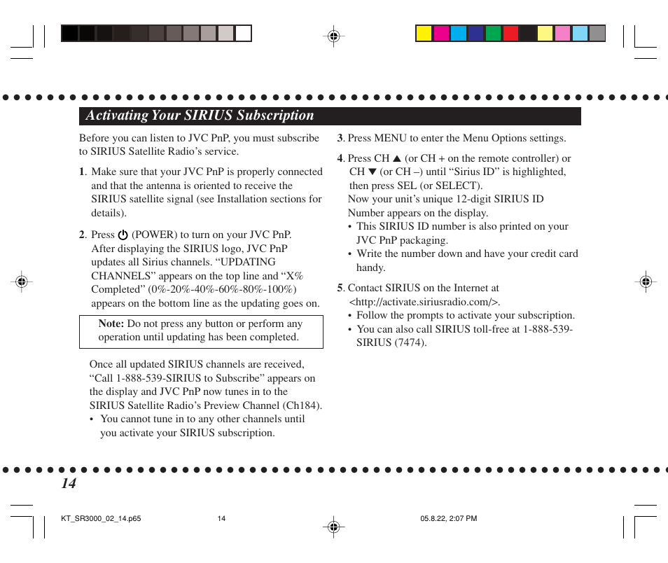 Activating your sirius subscription | JVC KT-SR3000 User Manual | Page 14 / 48