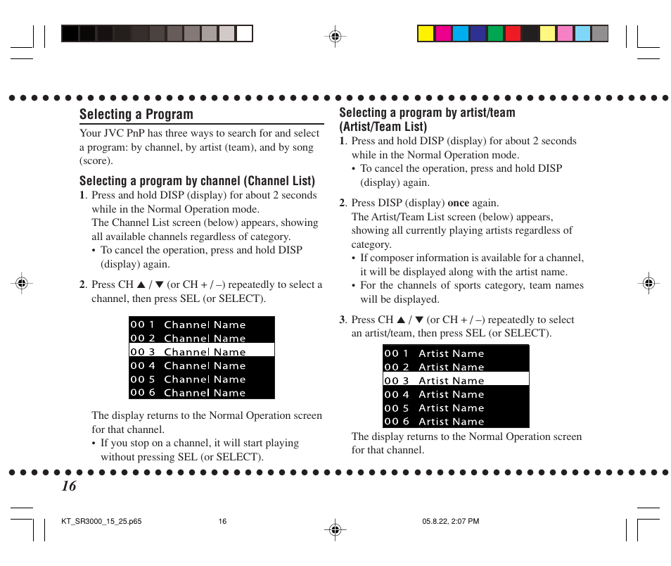 Selecting a program | JVC KT-SR3000 User Manual | Page 16 / 48