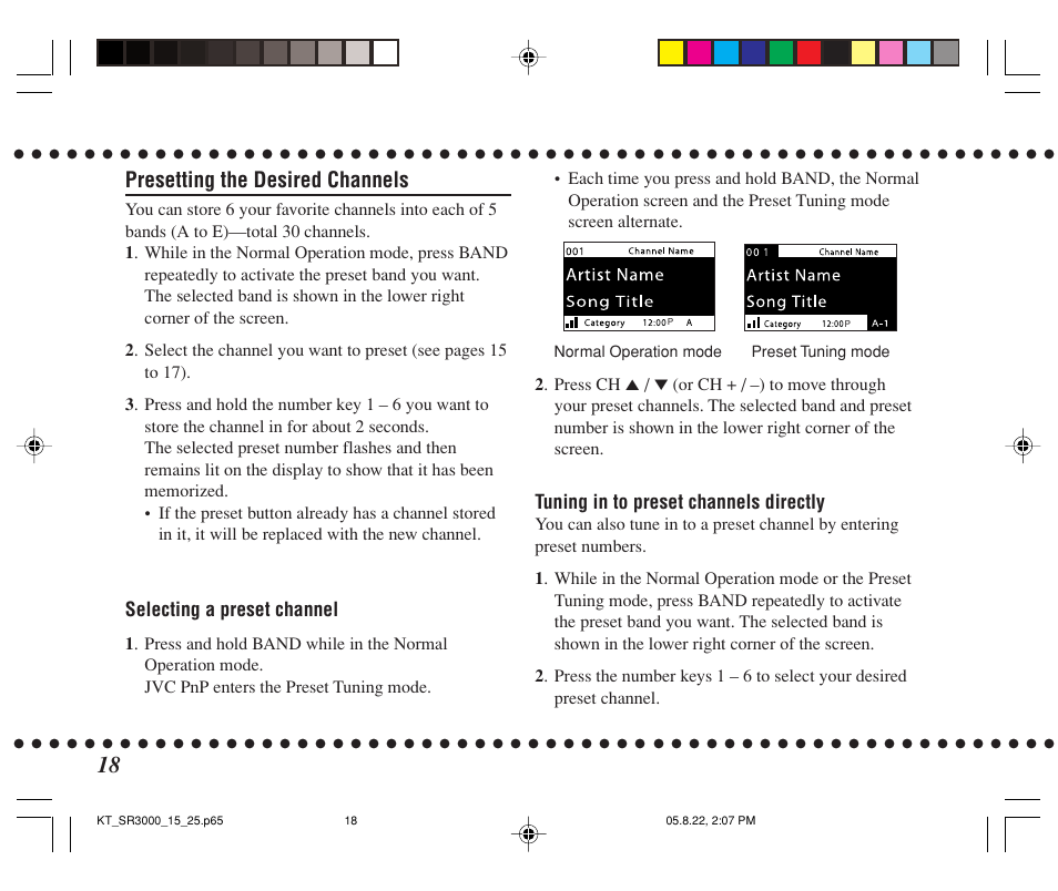 Presetting the desired channels | JVC KT-SR3000 User Manual | Page 18 / 48