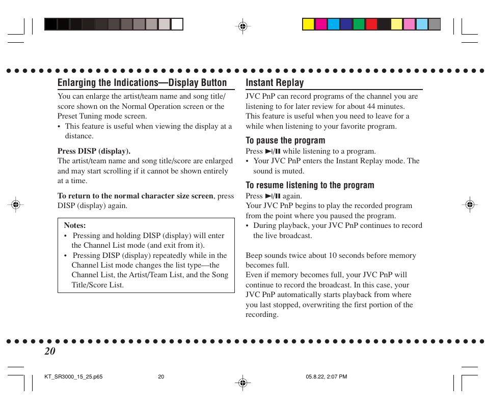 Instant replay, Enlarging the indications—display button | JVC KT-SR3000 User Manual | Page 20 / 48