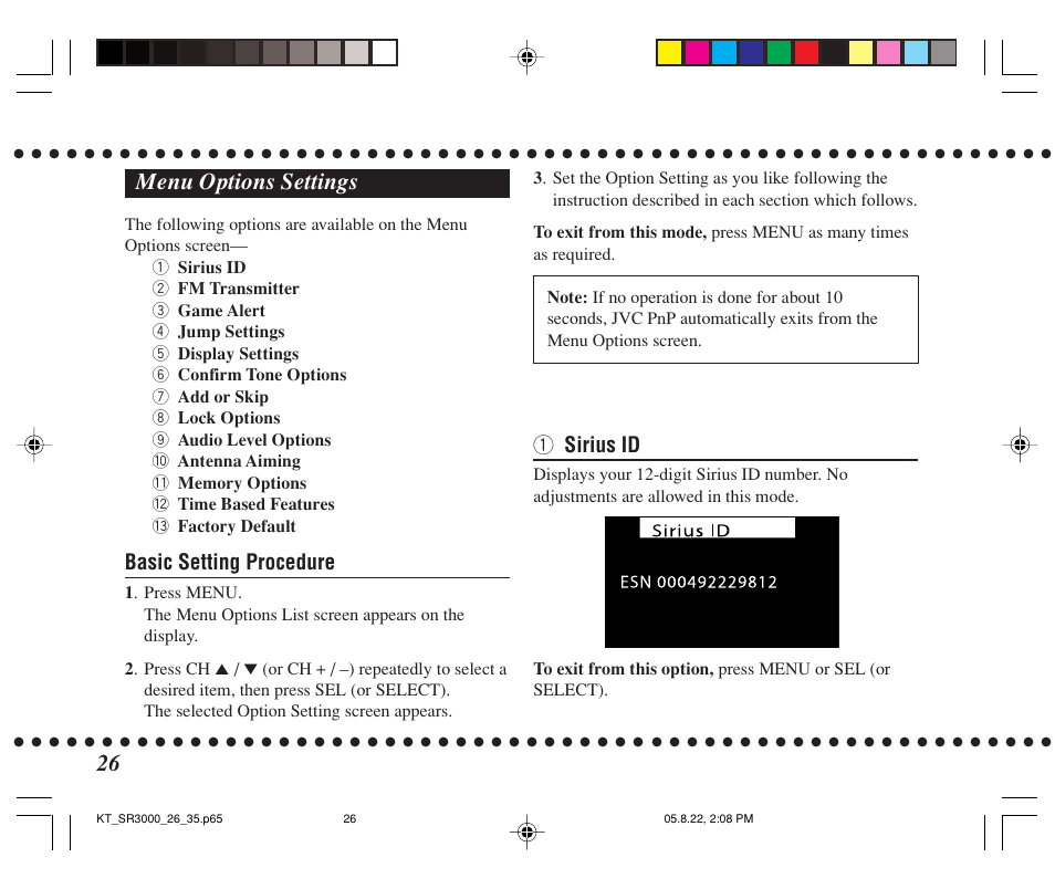 Menu options settings, Basic setting procedure, 1 sirius id | JVC KT-SR3000 User Manual | Page 26 / 48