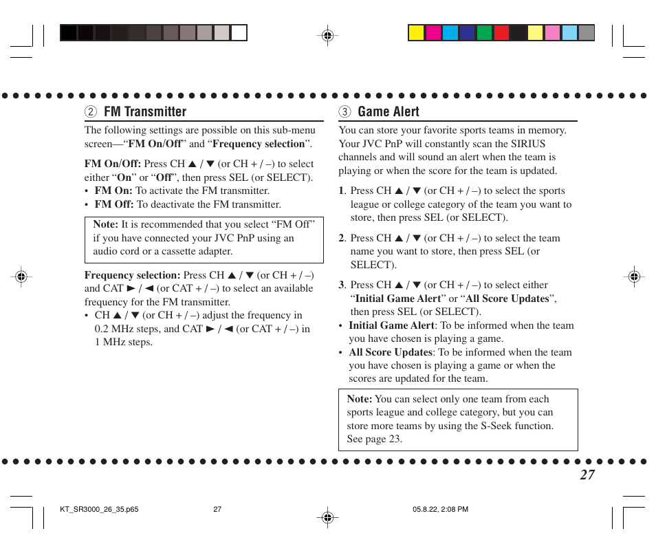 2 fm transmitter, 3 game alert | JVC KT-SR3000 User Manual | Page 27 / 48