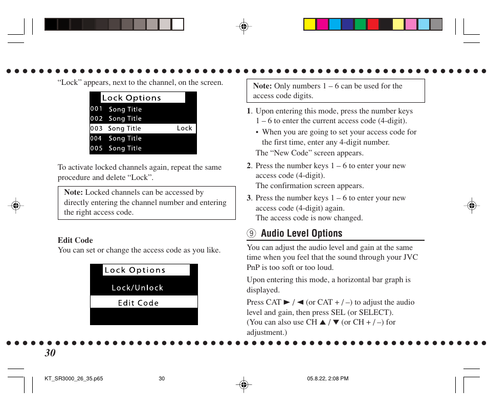 9 audio level options | JVC KT-SR3000 User Manual | Page 30 / 48