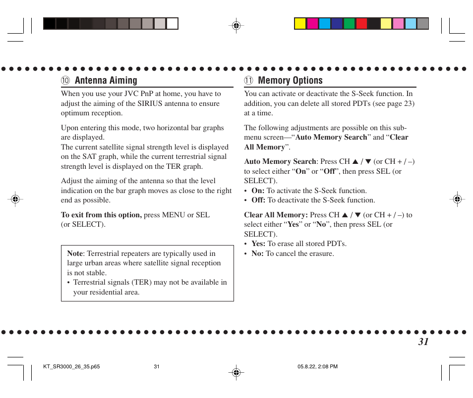 0 antenna aiming | JVC KT-SR3000 User Manual | Page 31 / 48