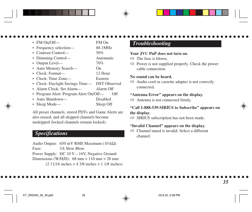 Specifications, Troubleshooting | JVC KT-SR3000 User Manual | Page 35 / 48