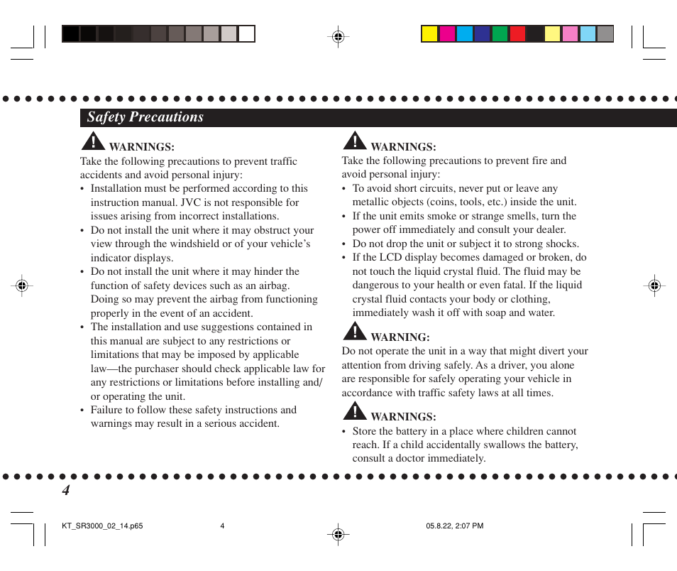 Safety precautions | JVC KT-SR3000 User Manual | Page 4 / 48