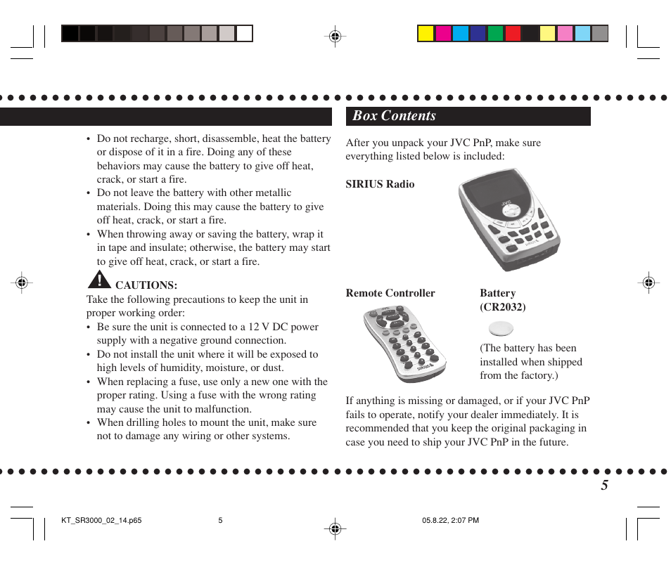 Box contents | JVC KT-SR3000 User Manual | Page 5 / 48