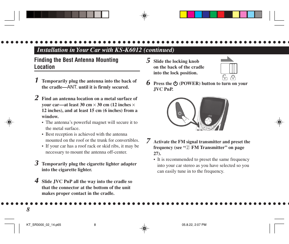 Installation in your car with ks-k6012 (continued) | JVC KT-SR3000 User Manual | Page 8 / 48