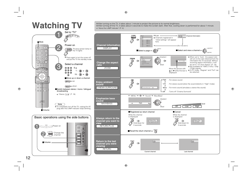 Watching tv, Basic operations using the side buttons | JVC 0706TKH-MW-VPC User Manual | Page 13 / 25