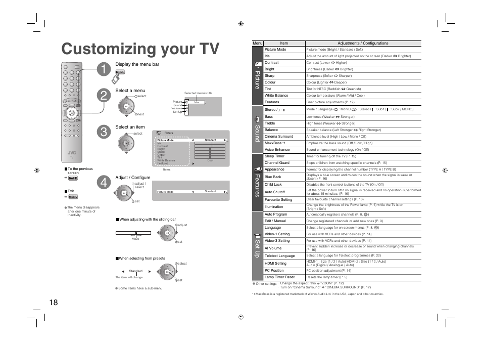 Customizing your tv, Picture, Sound | Features, Set up | JVC 0706TKH-MW-VPC User Manual | Page 19 / 25