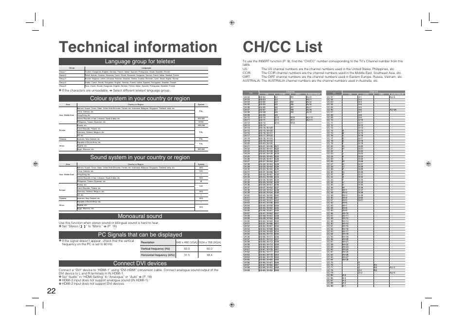 Technical information, Ch/cc list, Sound system in your country or region | JVC 0706TKH-MW-VPC User Manual | Page 23 / 25