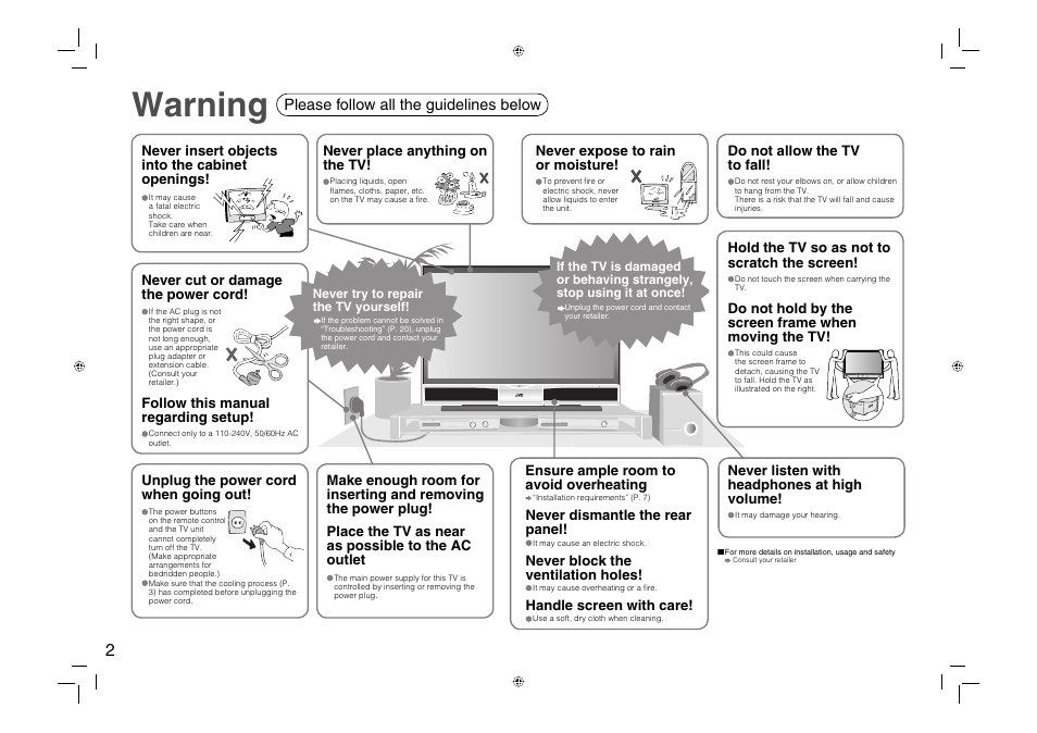 Warning, Please follow all the guidelines below | JVC 0706TKH-MW-VPC User Manual | Page 3 / 25