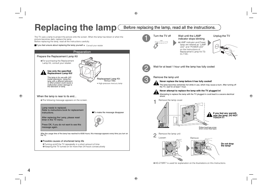 Replacing the lamp | JVC 0706TKH-MW-VPC User Manual | Page 5 / 25