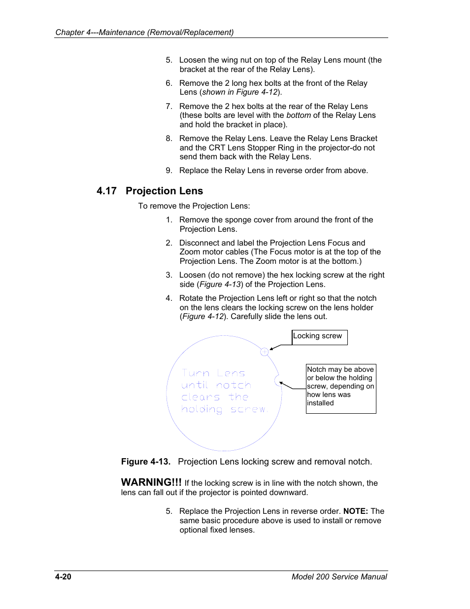 17 projection lens, Warning | JVC Model 200 User Manual | Page 117 / 140