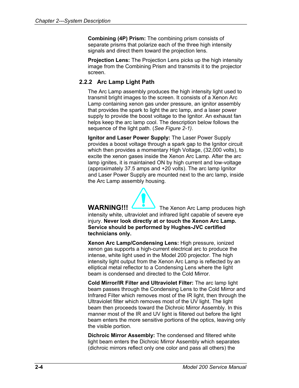 2 arc lamp light path, Warning | JVC Model 200 User Manual | Page 18 / 140