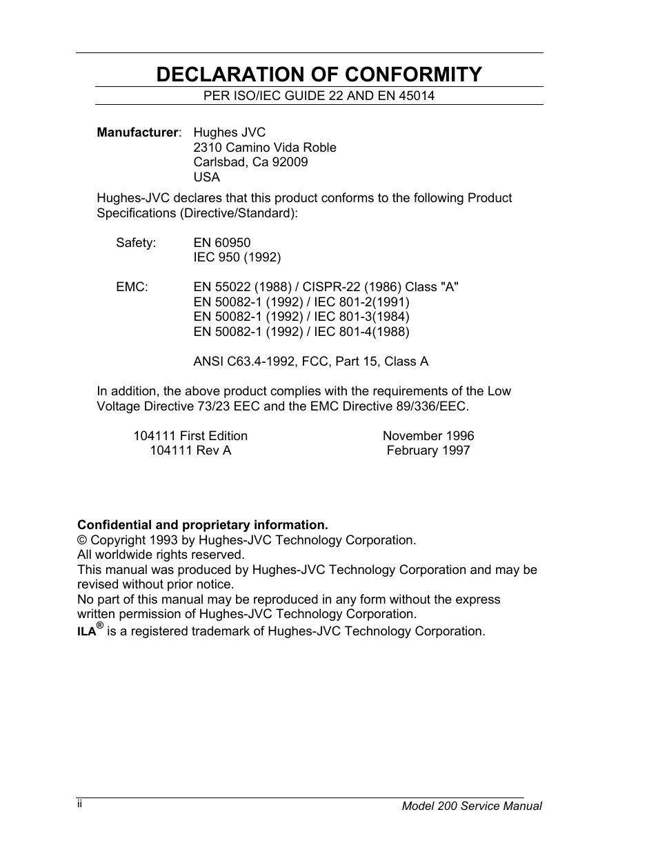 Declaration of conformity | JVC Model 200 User Manual | Page 2 / 140