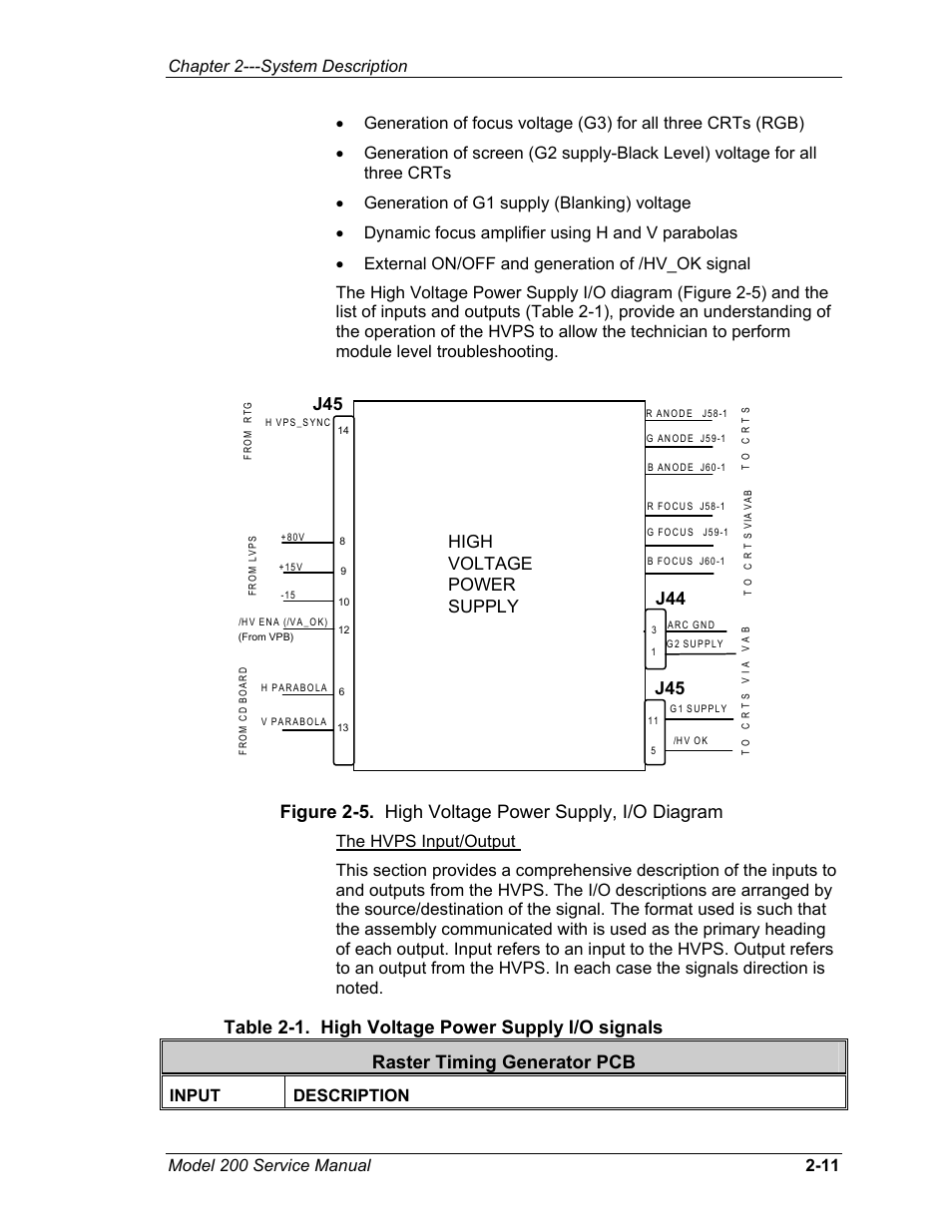 Figure 2-5. high voltage power supply, i/o diagram, Table 2-1. high voltage power supply i/o signals, Raster timing generator pcb | J44 j45, High voltage power supply | JVC Model 200 User Manual | Page 25 / 140
