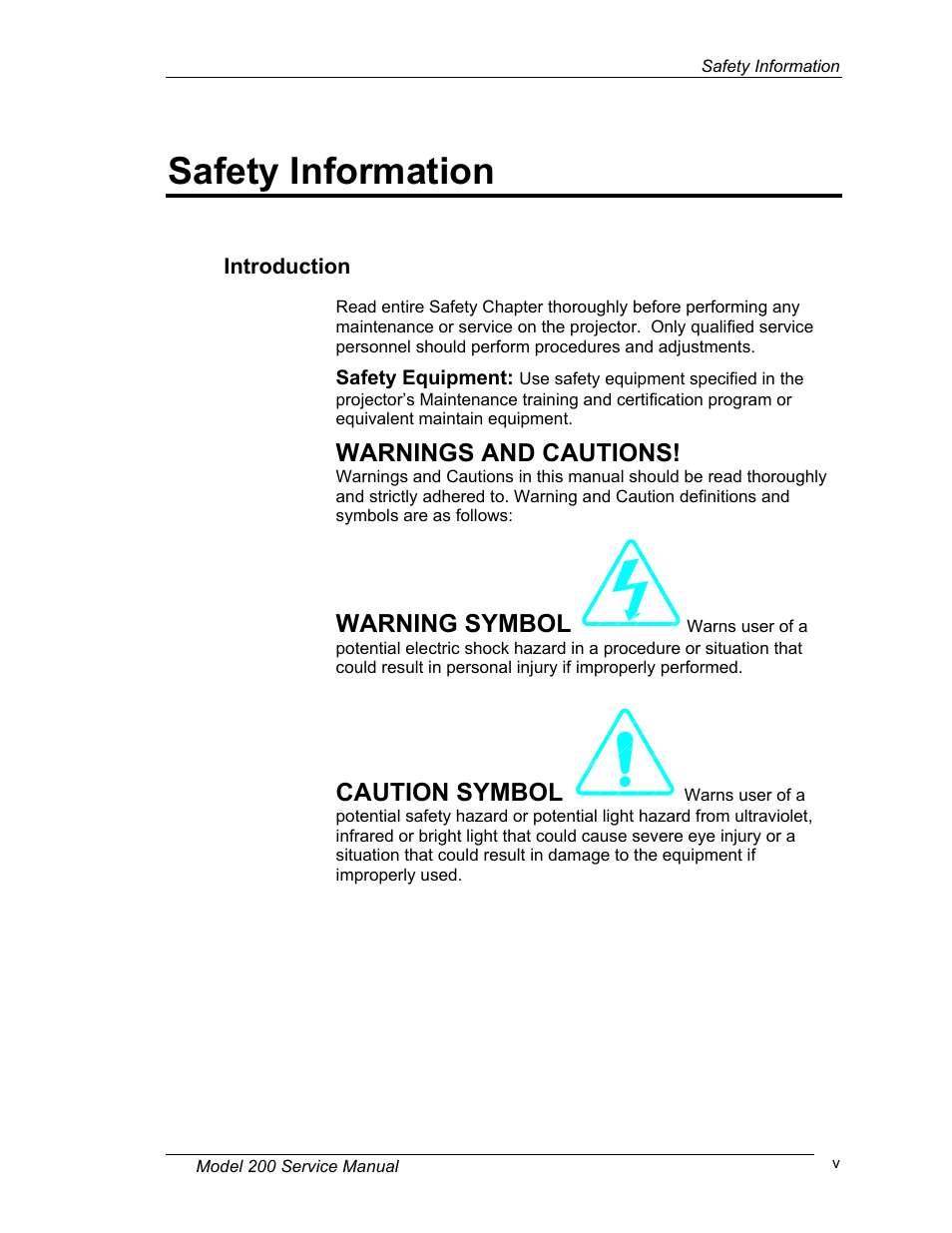 Safety information, Introduction, Warnings and cautions | Warning symbol, Caution symbol | JVC Model 200 User Manual | Page 5 / 140