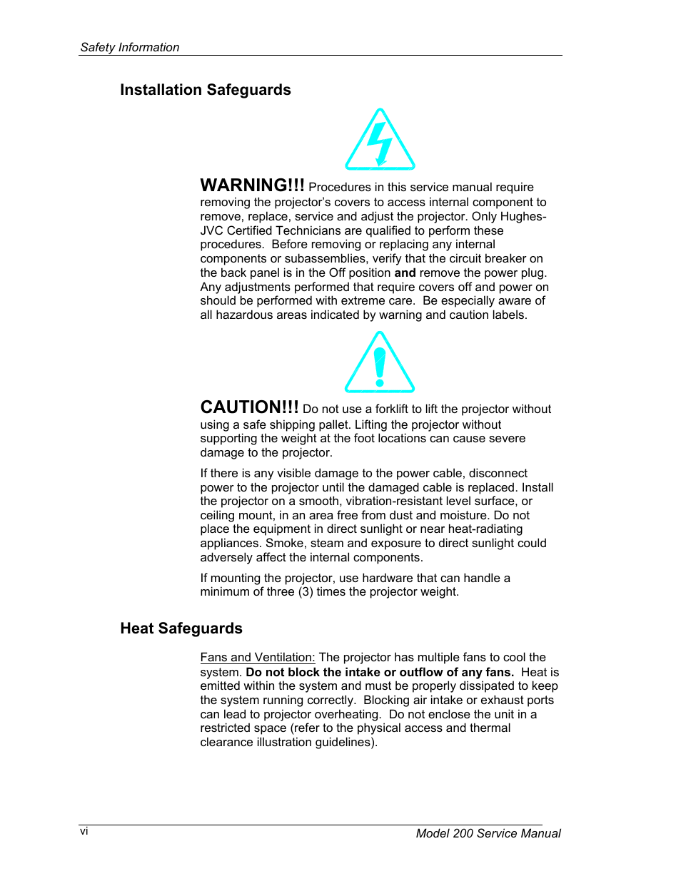 Installation safeguards, Heat safeguards, Warning | Caution | JVC Model 200 User Manual | Page 6 / 140